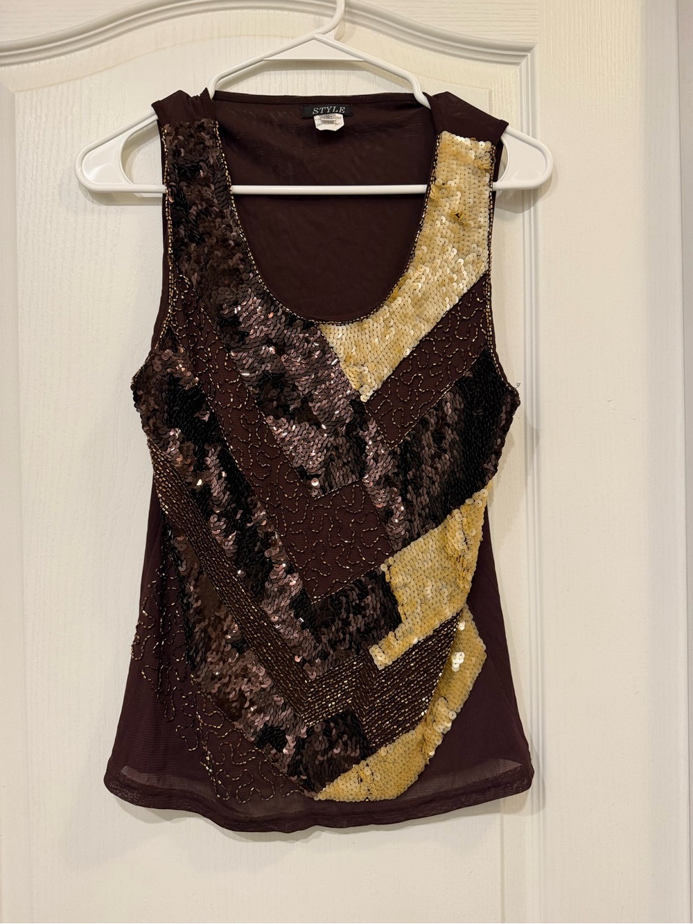 Vintage STYLE Women’s Brown Sequin Beaded Patchwork Tank Top Y2K Boho Glam